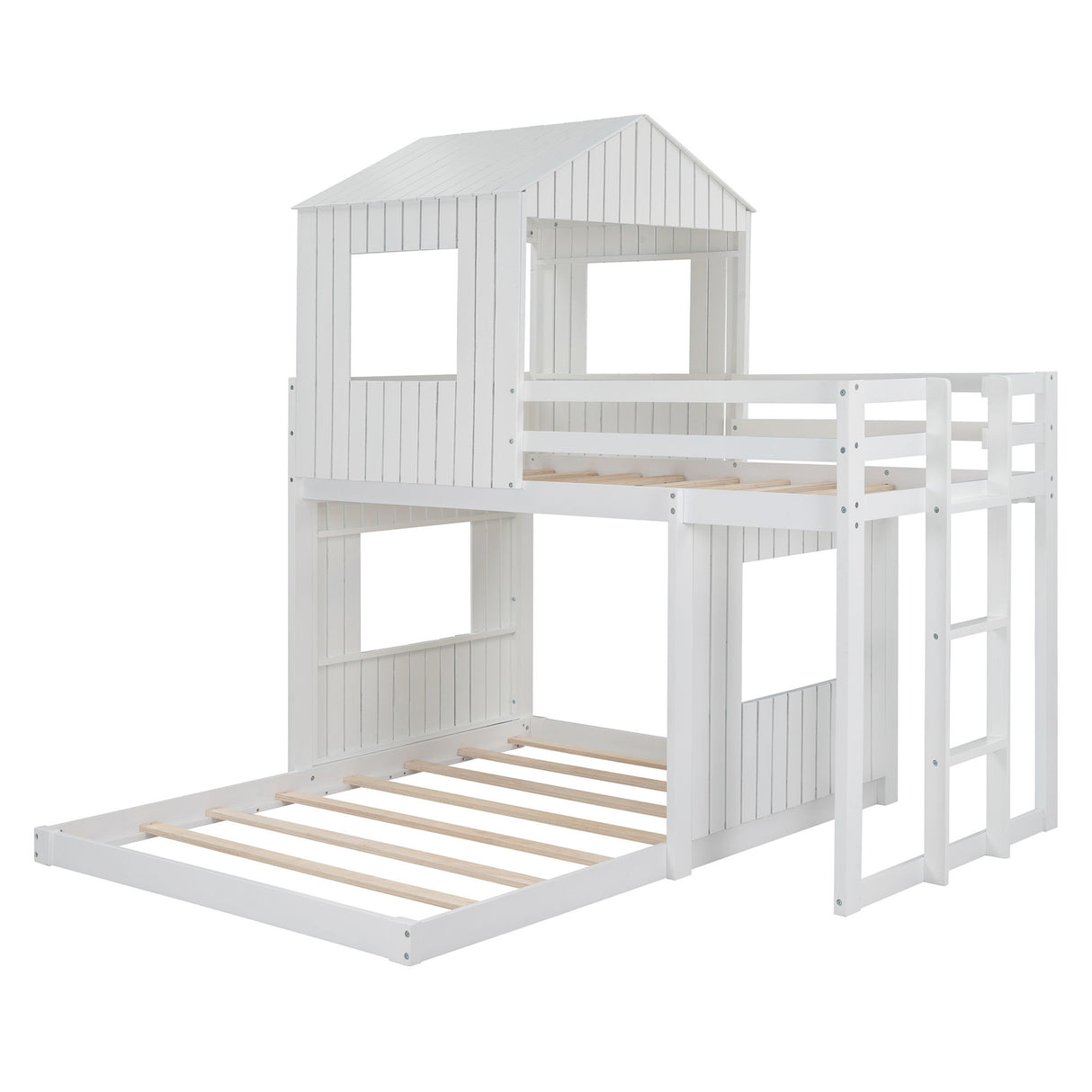 Twin Over Full Loft Bed With Playhouse, Ladder And Guardrails - White