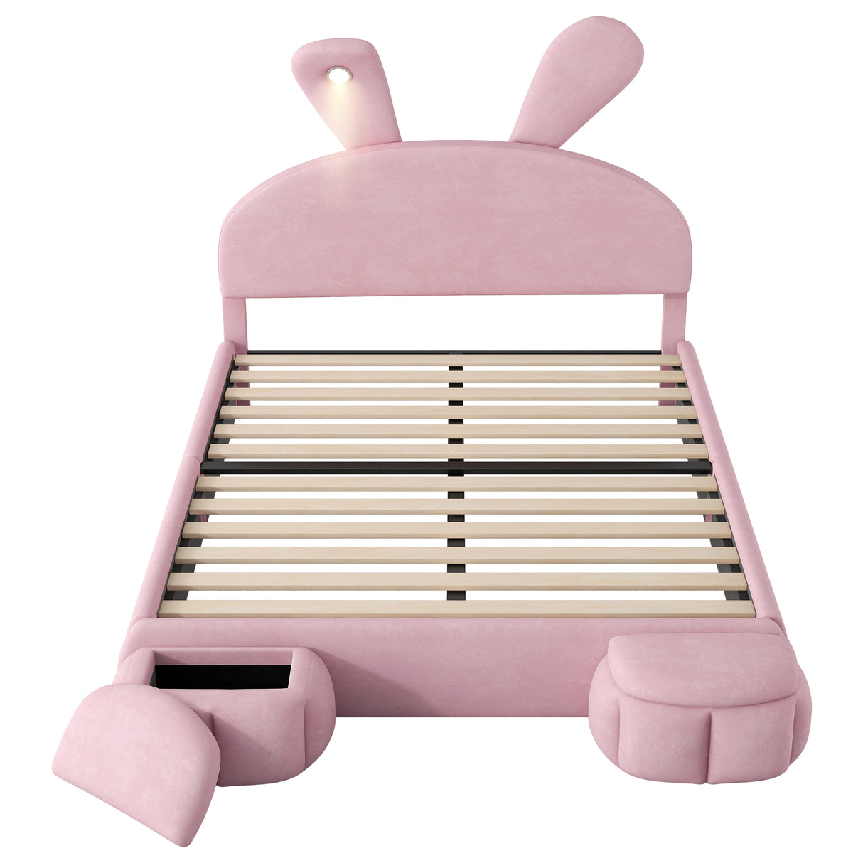 Full Size Upholstered Platform Bed with Cartoon Ears Shaped Headboard and Light, Pink