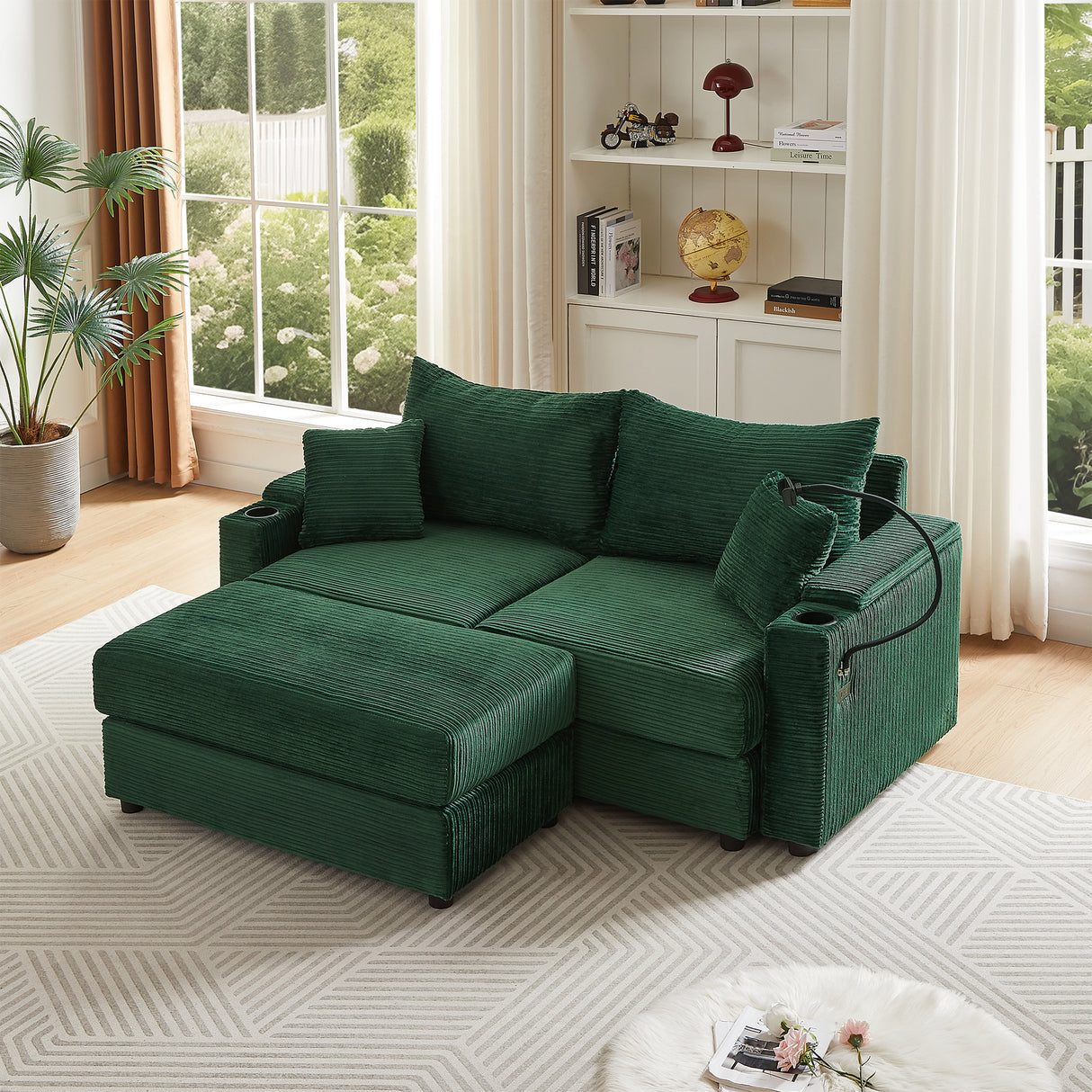 72.8" Modern Style Loveseat with Storage Space, Movable Ottoman, Two USB Ports, Two Cup Holders and Phone Holder - Green