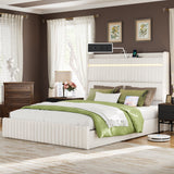 Upholstered Queen Bed with Storage Headboard, 4 Drawers, LED Lights & Charging Station - Beige