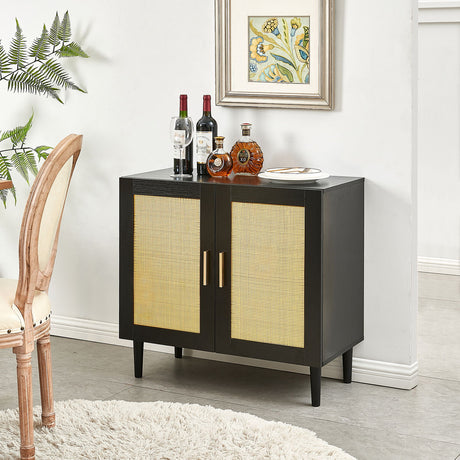 Buffet Cabinet With Natural Rattan Door With Adjustable Shelves - Black / Beige