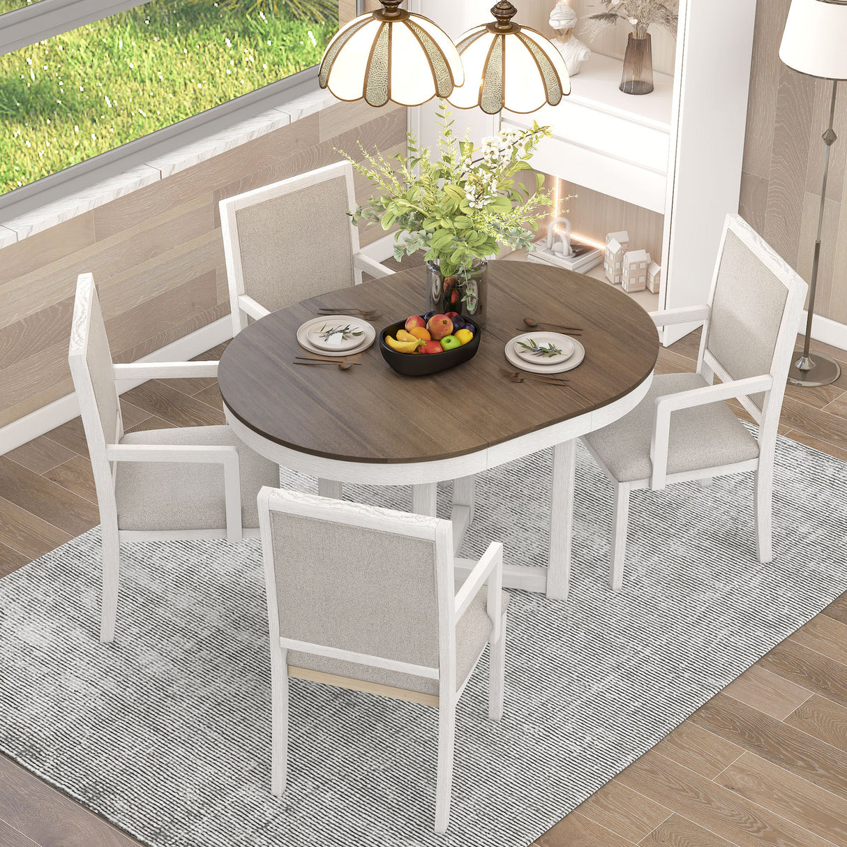 TREXM 5-Piece Dining Set With  Butterfly Leaf and 4 Upholstered Dining Chairs (Brown+White)