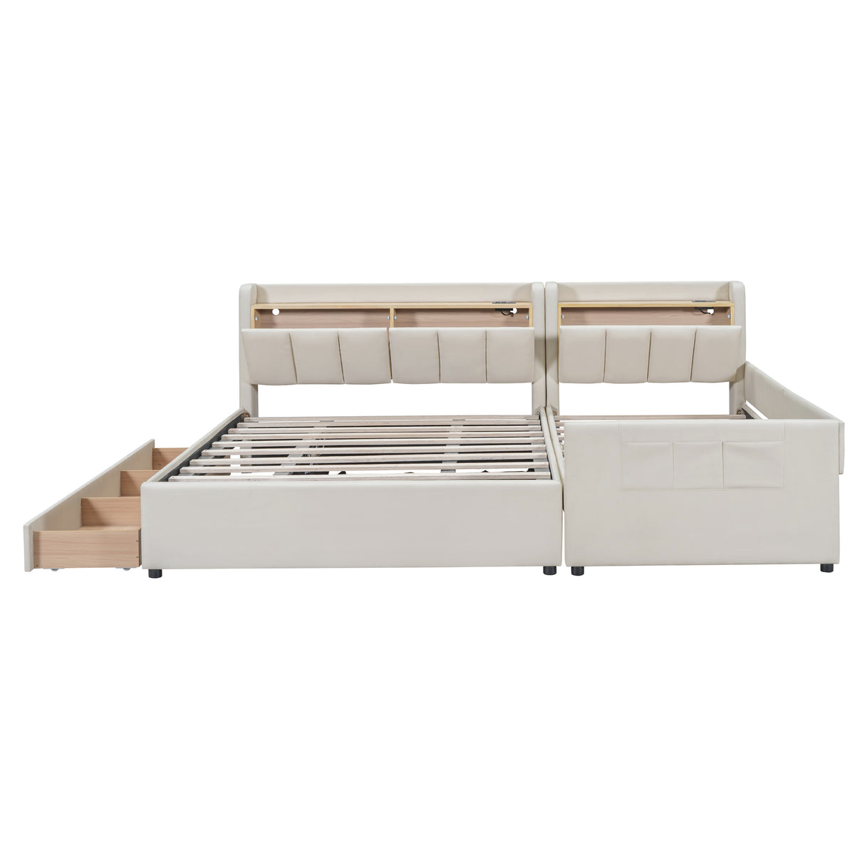 Queen & Twin XL Size Upholstered Platform Bed with Hydraulic Storage System, Drawers, Bedhead storage shelves, Two pairs of Outlets & USB Ports - PU Leather, Beige