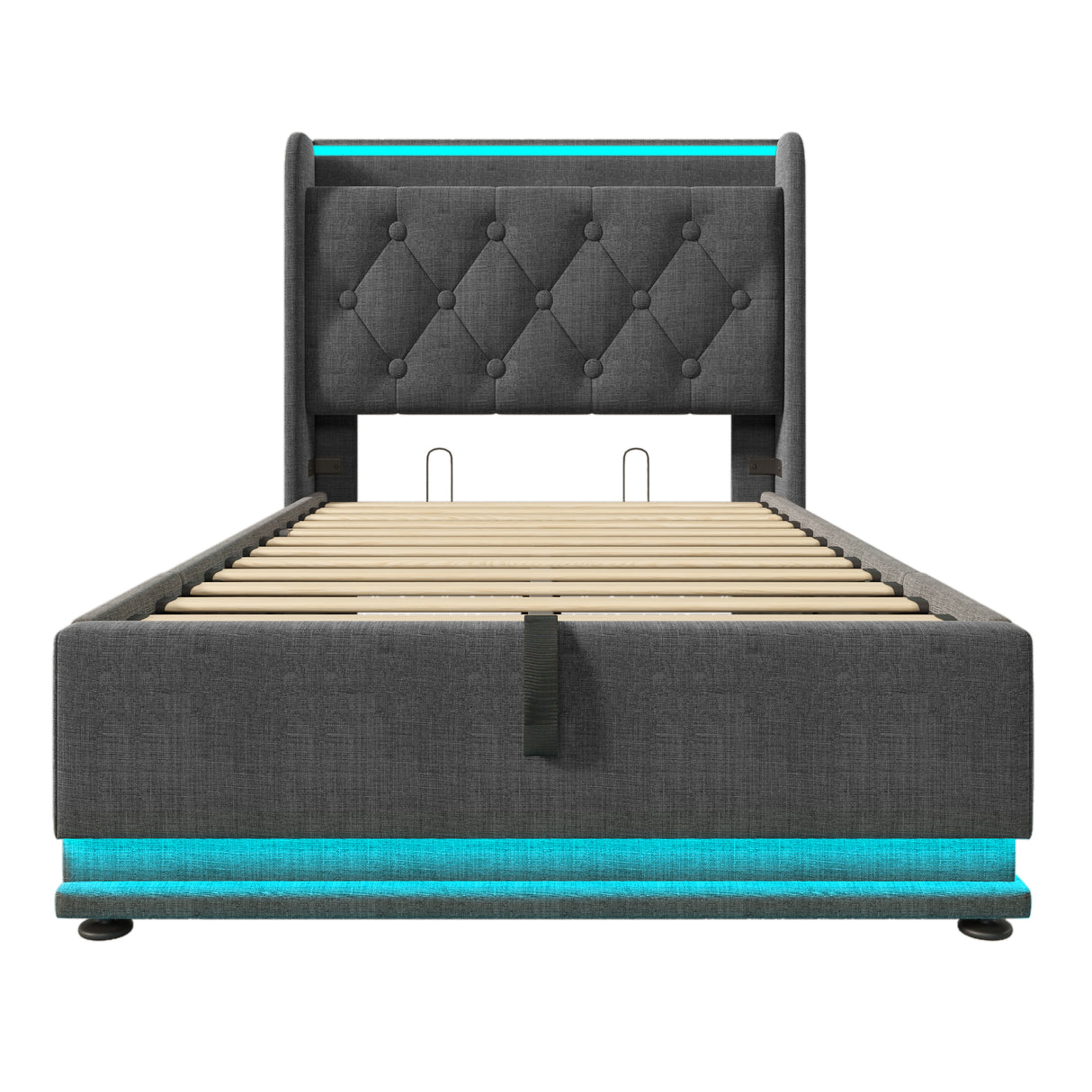 Twin Upholstered bed With 360 Surround LED, Remote Control, Hydraulic storage, USB Type-C charging - Gray