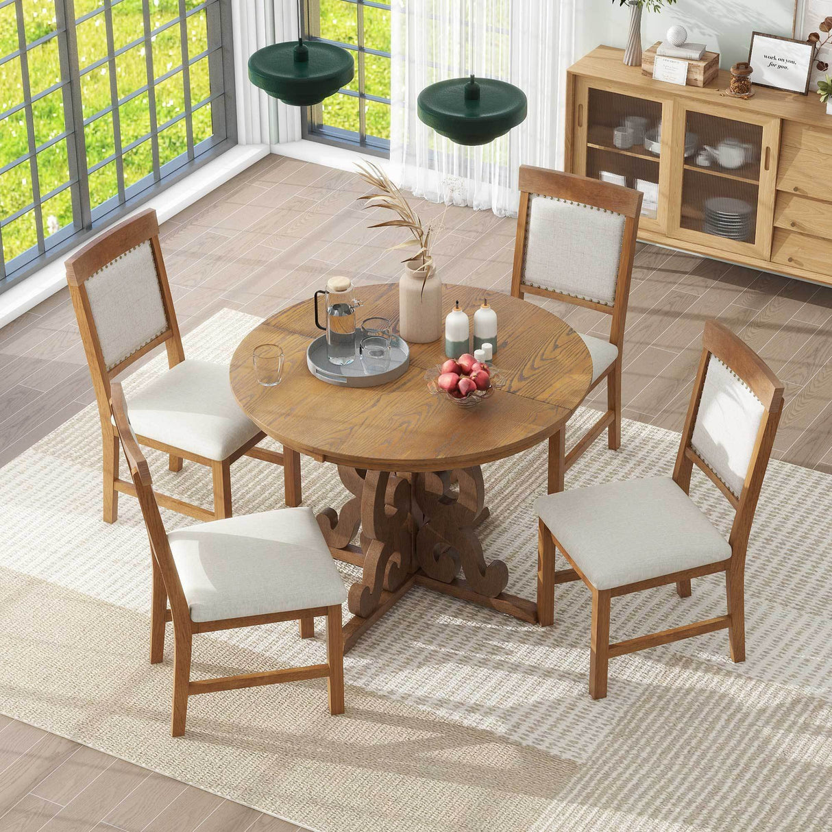 TREXM 5-Piece Retro Dining Set with a 16-inch Leaf and 4 Upholstered Chairs (Walnut)