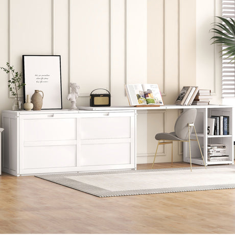 Queen Size Murphy Bed with Rotable Desk, White