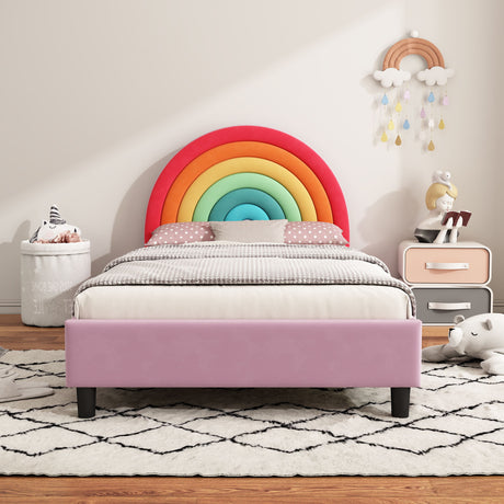 Rainbow Design Upholstered Twin Platform Bed - Colorful / Pink