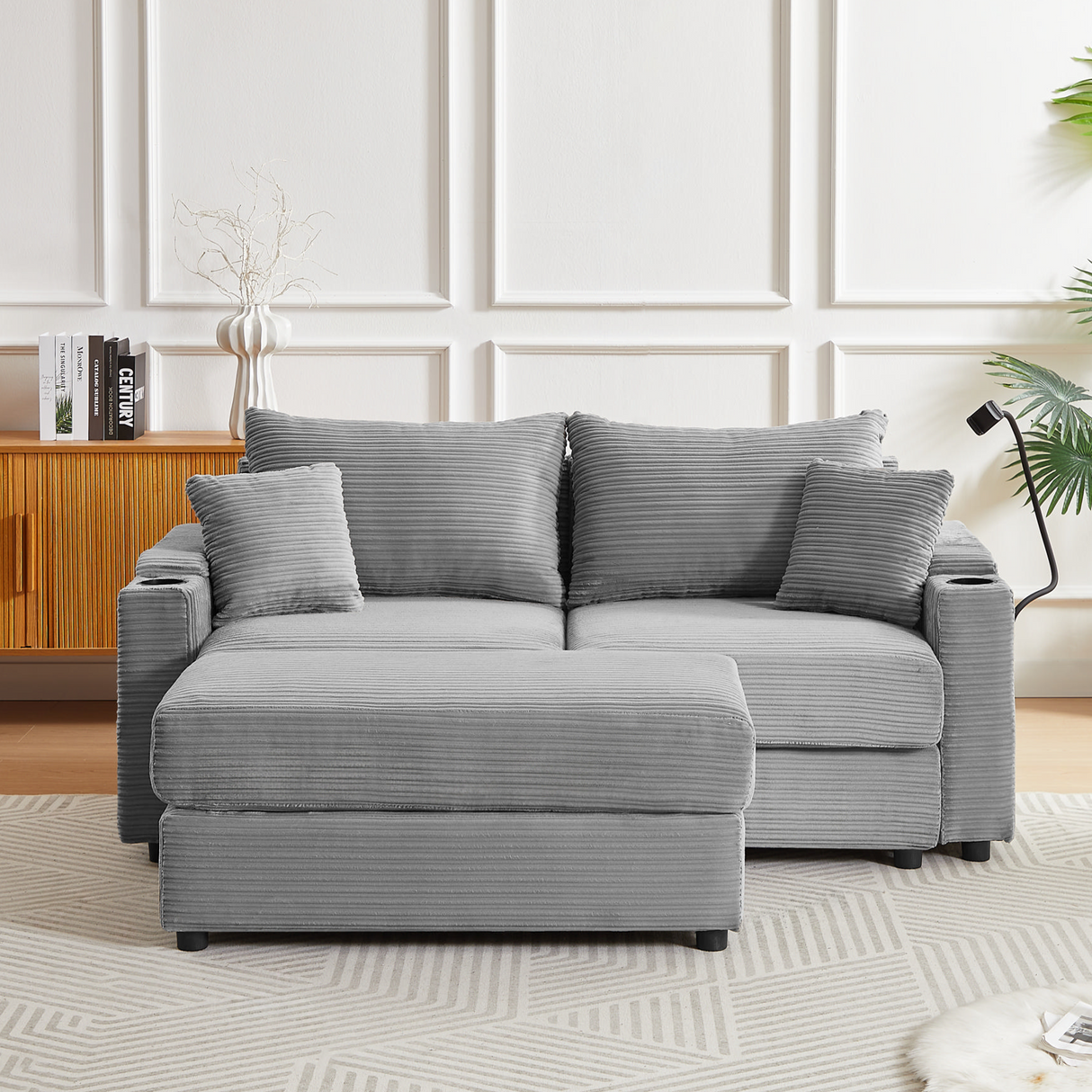 72.8" Modern Style Loveseat with Storage Space, Movable Ottoman, Two USB Ports, Two Cup Holders and Phone Holder - Gray