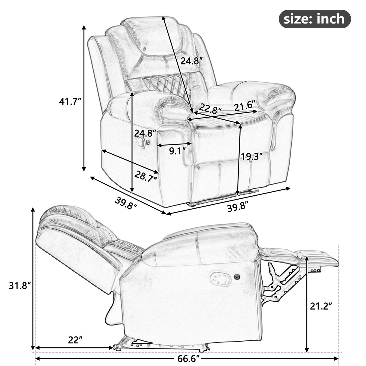 Manual Recliner Chair, Led Light Strip - Black