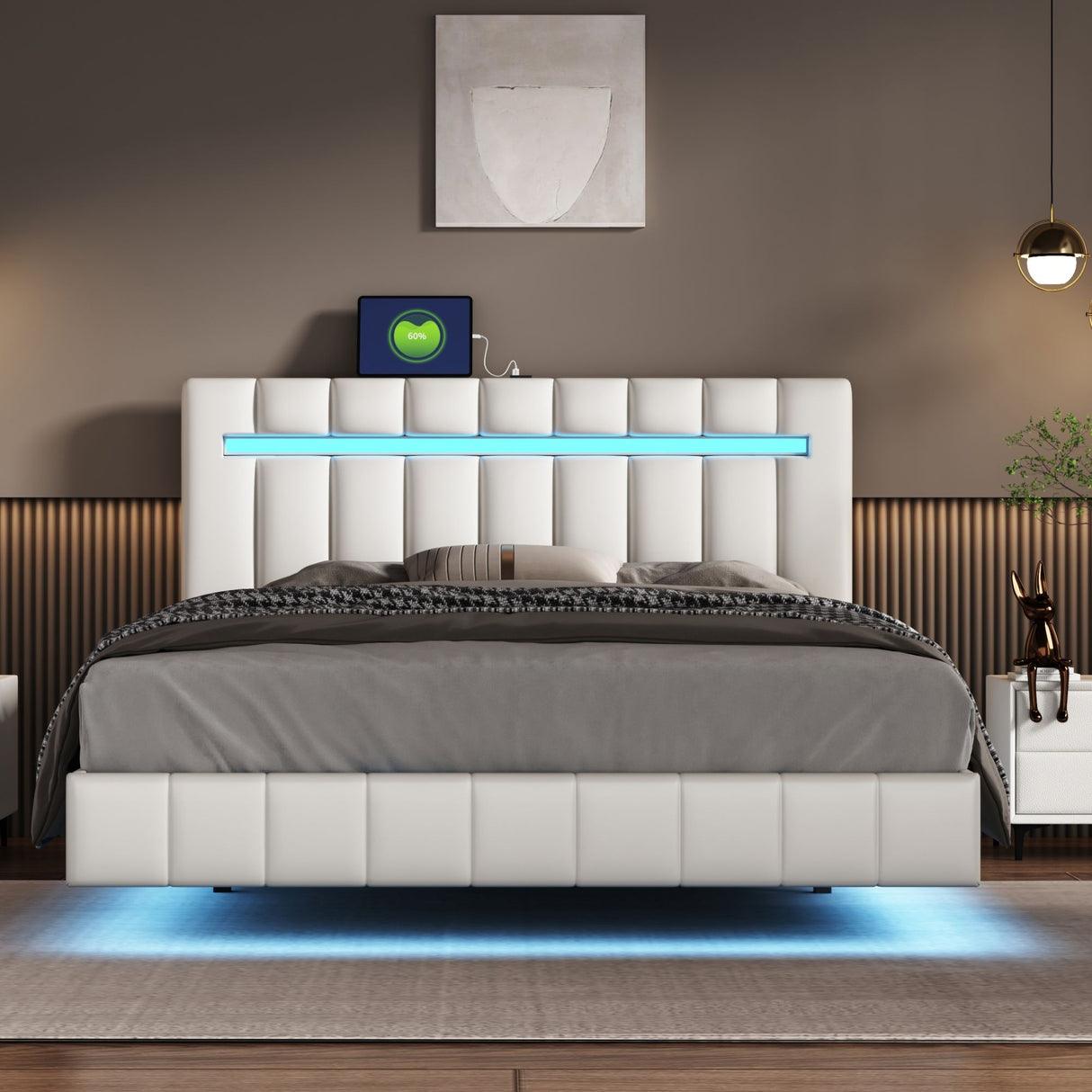 Queen Size Floating Bed With LED Light And USB Charging Port - White