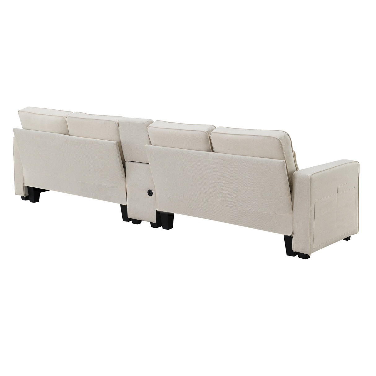 114.2" Upholstered Sofa with Console, 2 Cupholders and 2 USB Ports for Wired or Wireless Charge with 4 Pillows - Beige