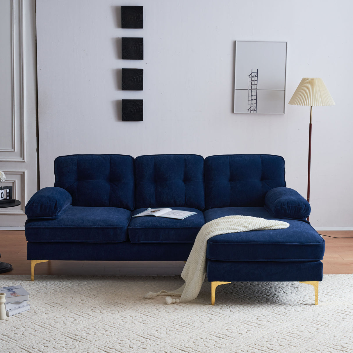 83" Modern Velvet Sofa Chaise - Blue