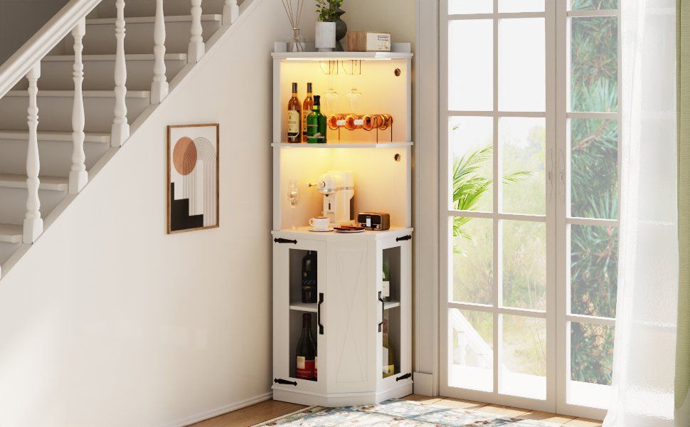 Corner Bar Cabinet With Power Outlet, Adjustable Shelves With Lights and Glass Rack - White