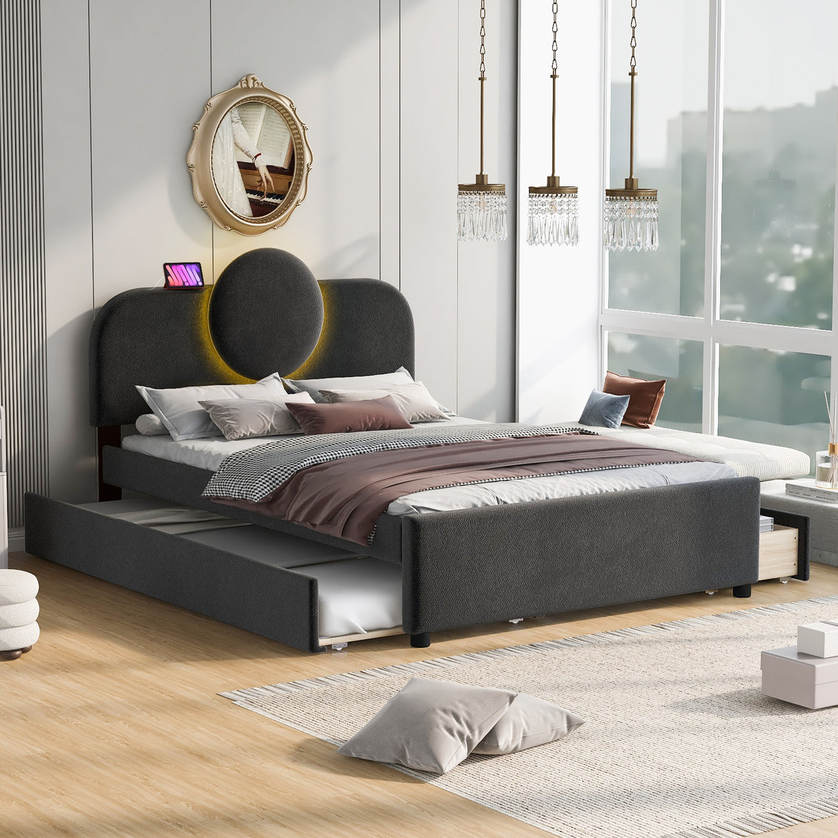 Full Size Upholstered Platform Bed with Multi-functional LED Headboard, Trundle and 2 Drawers, Gray