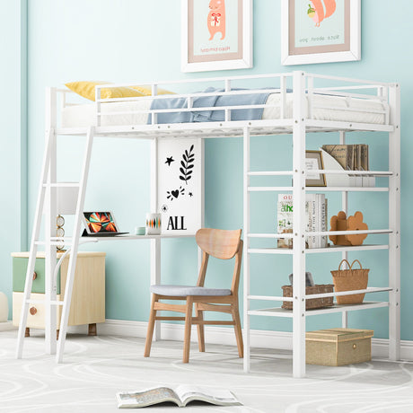 Loft Metal Bed With 3 Layers Of Shelves And Desk, Stylish Metal Frame Bed With Whiteboard