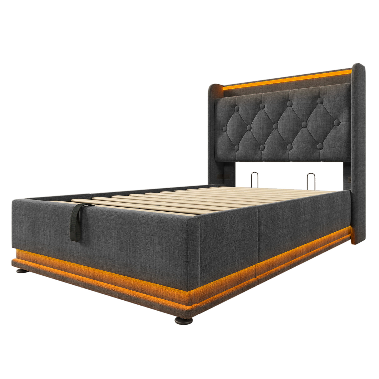 Twin Upholstered bed With 360 Surround LED, Remote Control, Hydraulic storage, USB Type-C charging - Gray