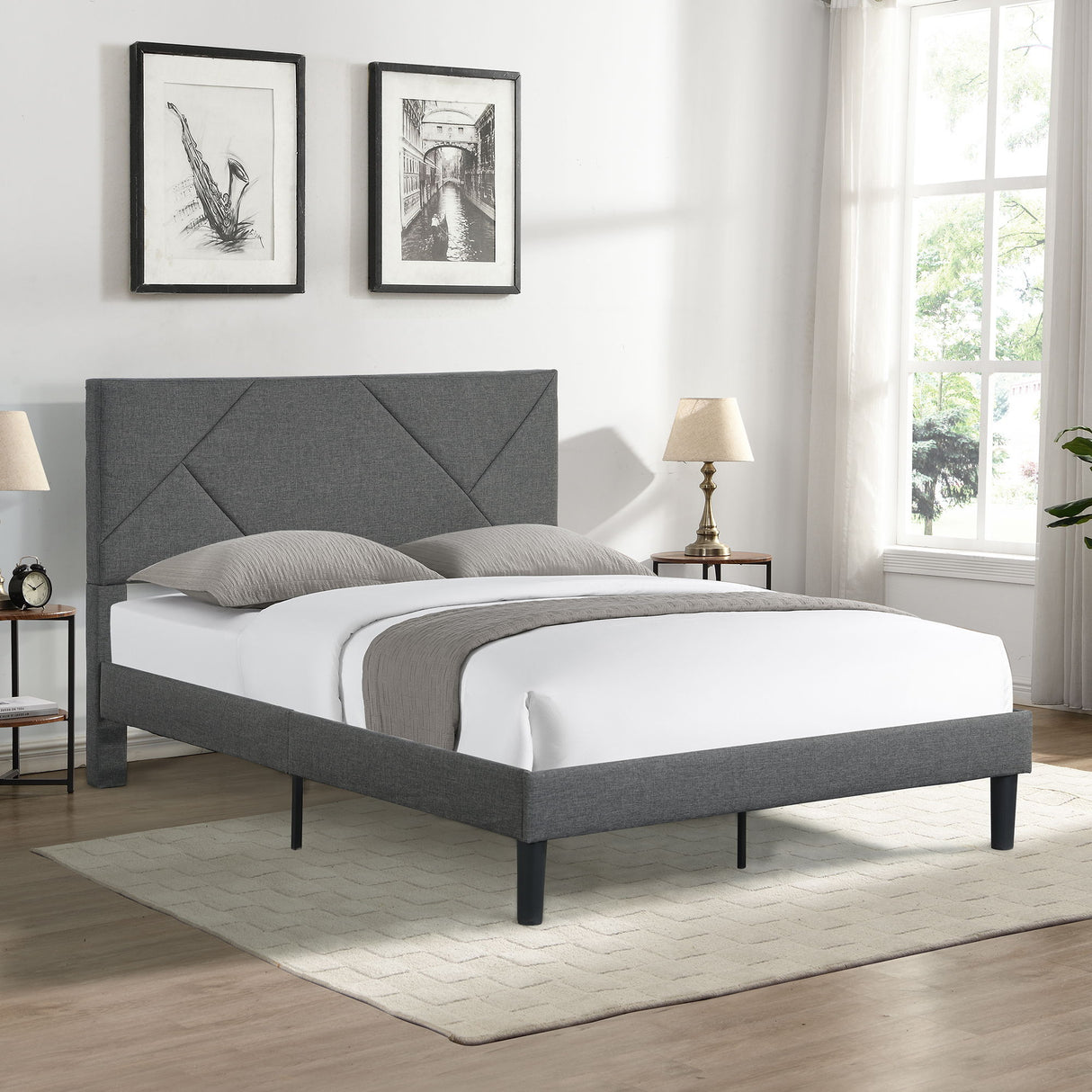 Full Size Upholstered Platform Bed, Strong Wood Slat Support, No Box Spring Needed - Gray