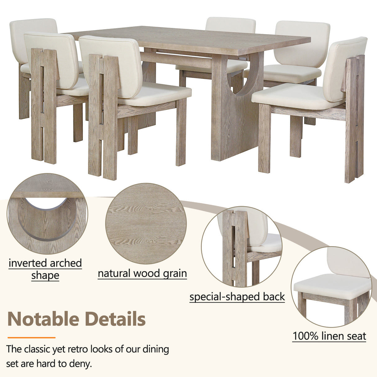 TREXM 7-Piece Retro Dining Set with Trestle Table and 6 Upholstered Chairs (Natural Wood Wash)