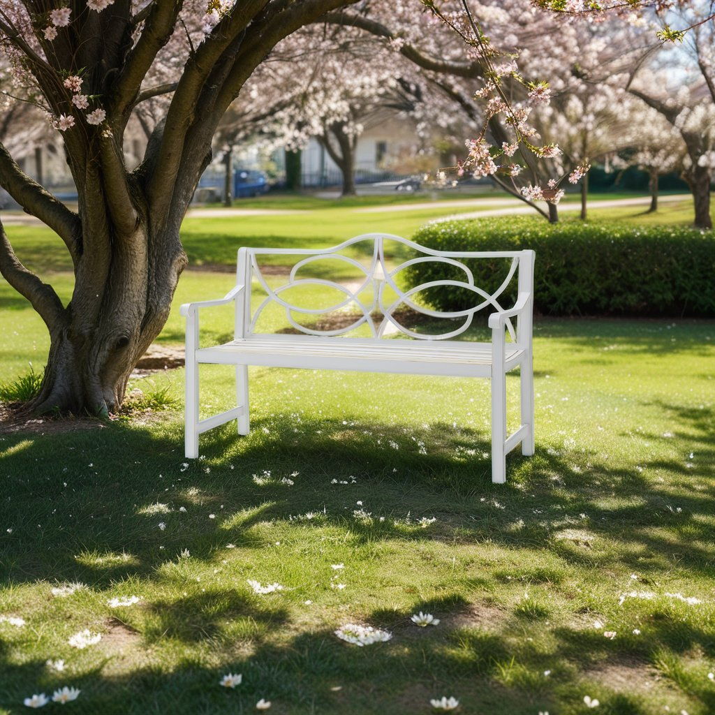 Outdoor Garden Patio Bench With Backrest, Armrest and Slatted Seat - White