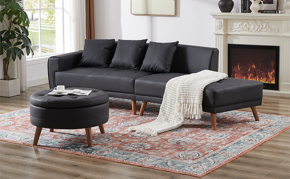 107" Contemporary Sofa with a Round Storage Ottoman and Three Removable Pillows - Black