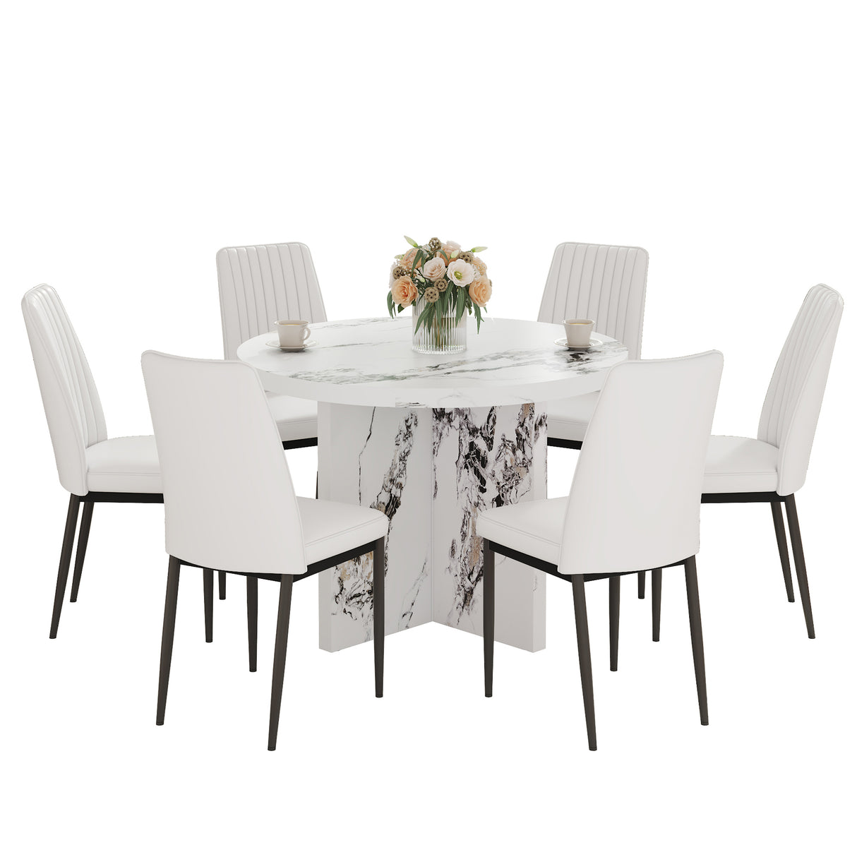 7 Piece Round Dining Table Set with 6 Upholstered Chairs - White