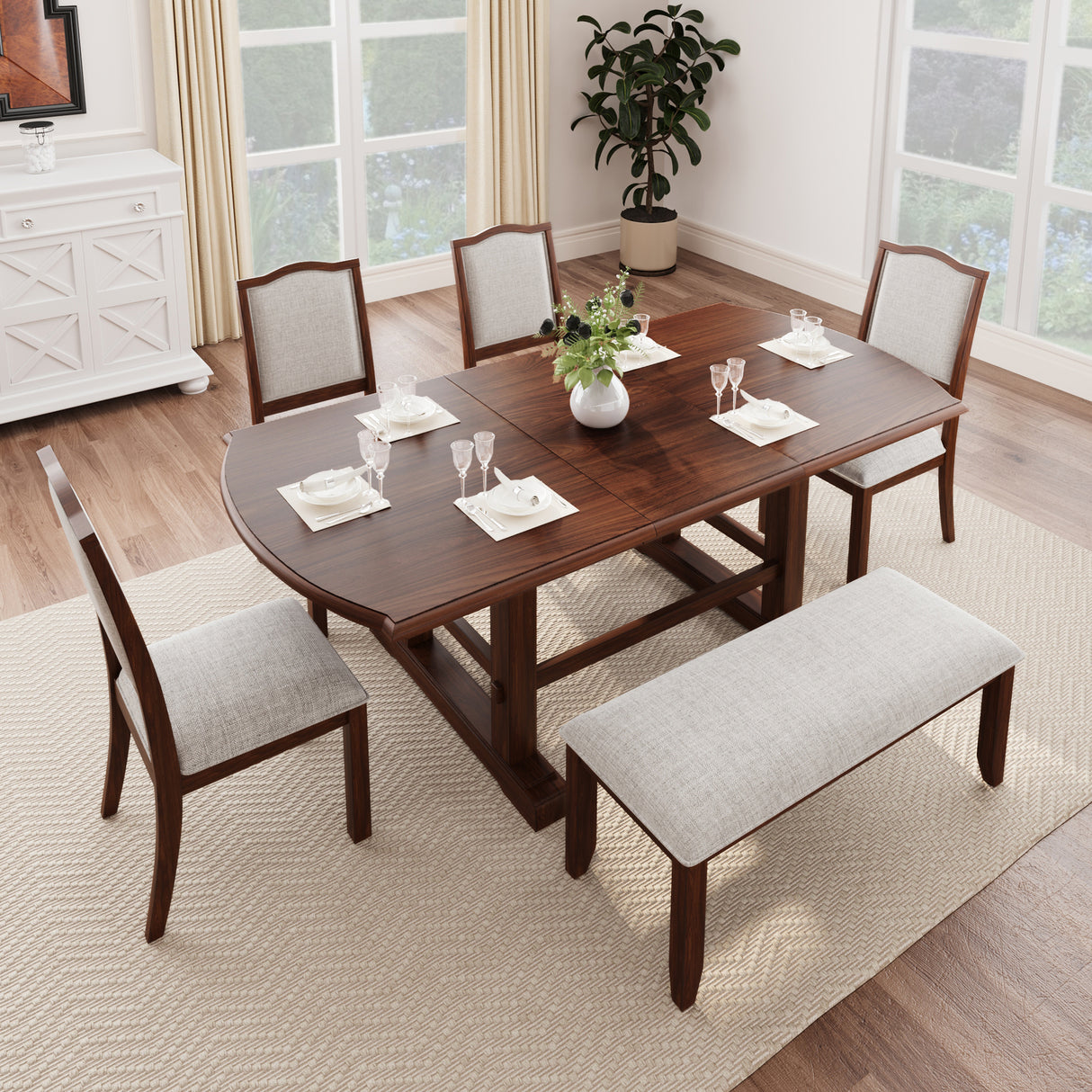 6-Piece Dining room Set With One extending Leaf, Upholstered bench and Chairs - Cherry