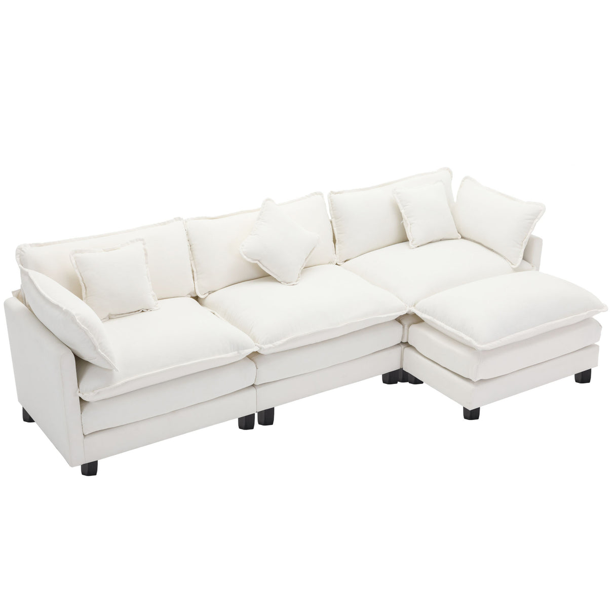 112.2" Chenille Upholstered Sofa with Ottoman and 5 Pillows - Off White