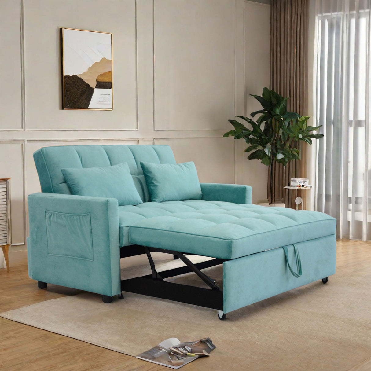 55.2" Sleeper Loveseat with Adjustable Backrest, Three USB Port sand Two Side Pockets - Peacock blue