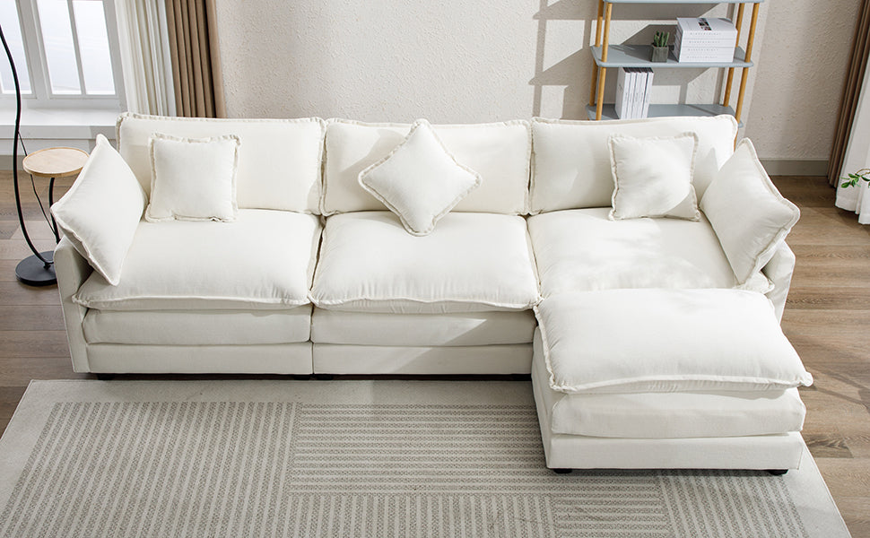 112.2" Chenille Upholstered Sofa with Ottoman and 5 Pillows - Off White