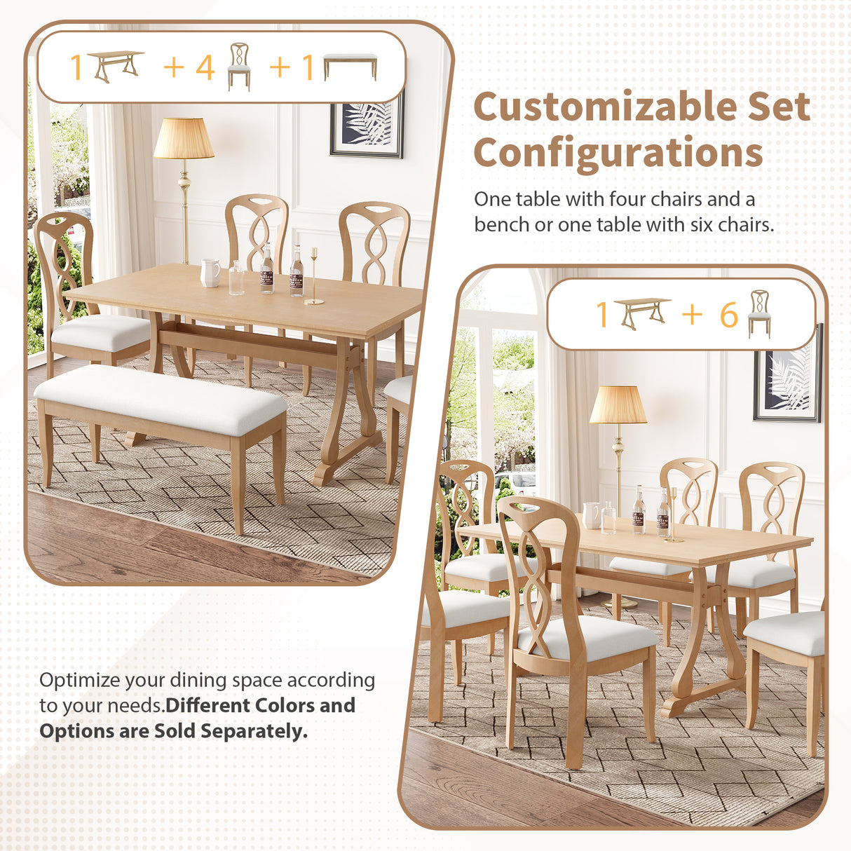 7-Piece Trestle Dining Room Set with Upholstered Dining Chairs - Natural Wood