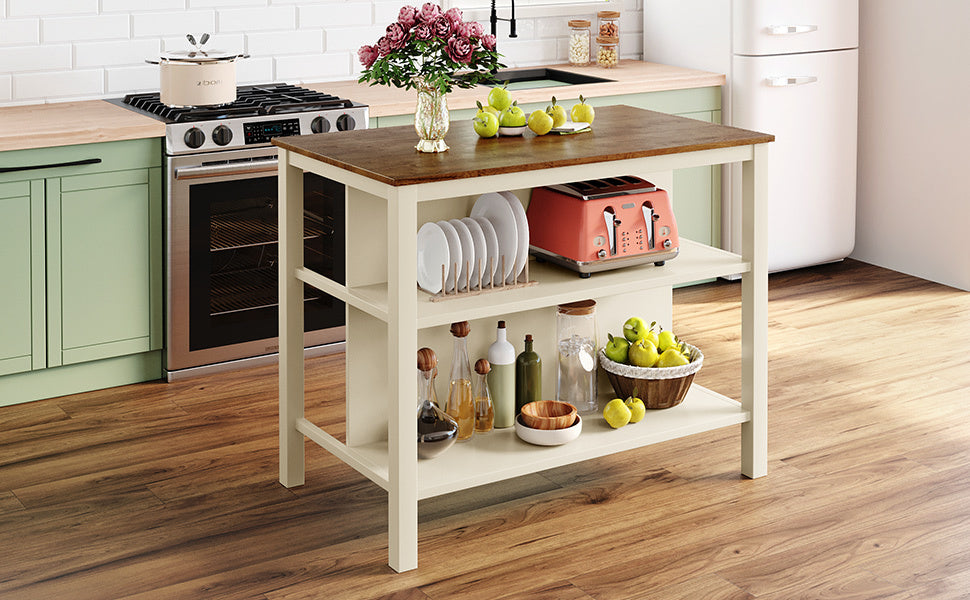 Rustic 3-piece 45" Stationary Kitchen Island Set with 2 Stools and 2 Open Shelves - Walnut + Off White