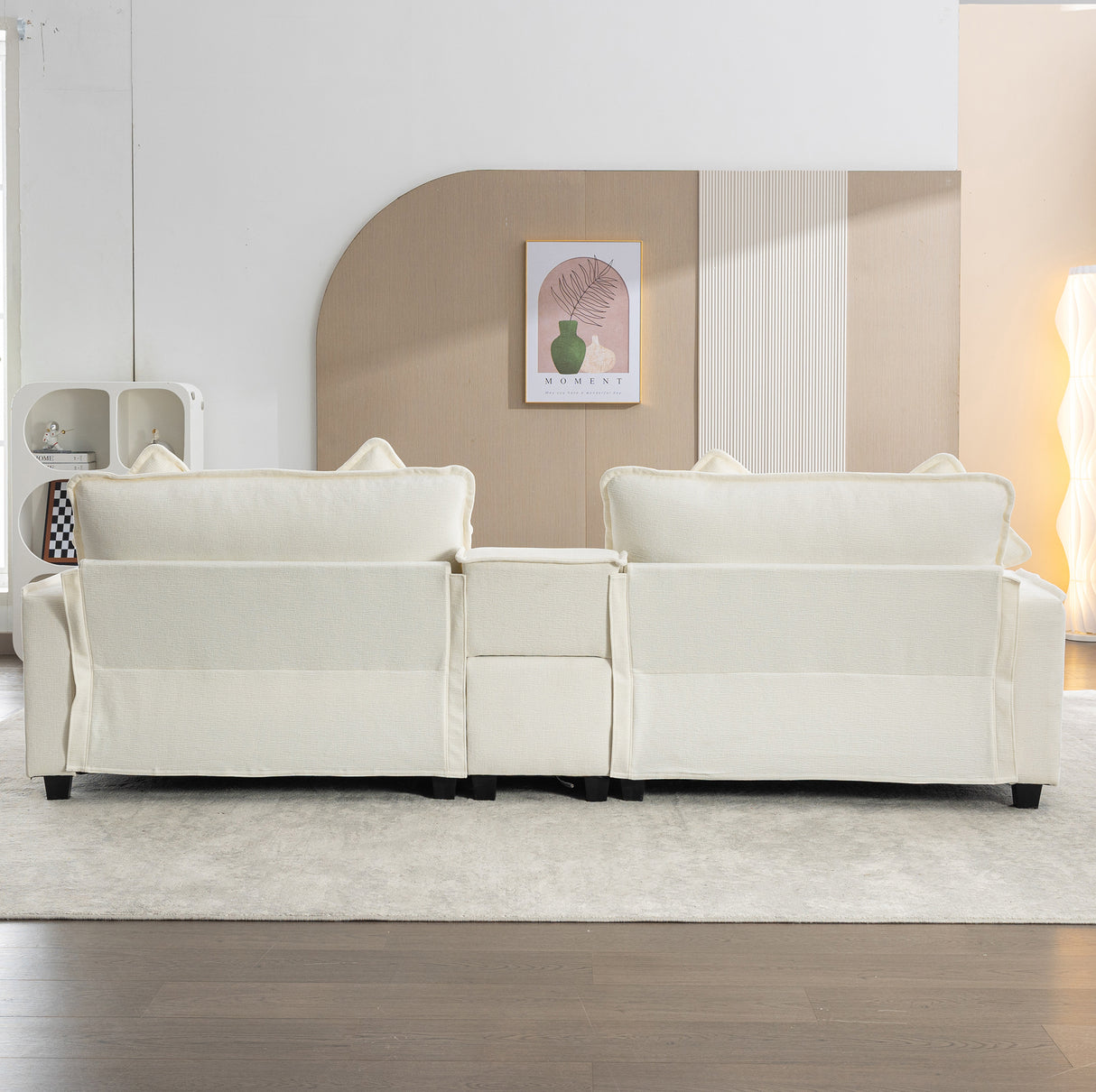 112.6" Chenille Upholstered Sofa with Two Ottomans, Two USB Ports, Two Cup Holders and Large Storage Box - Beige