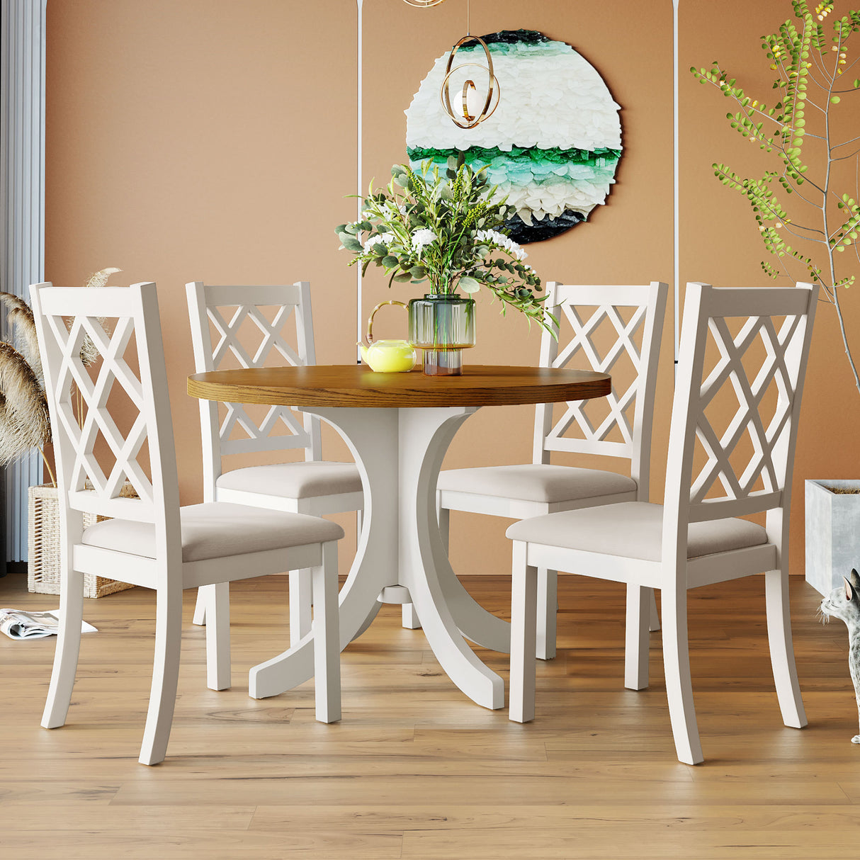 Solid Wood 5-Piece Round Dining Table Set with Upholstered Chairs - Walnut Top +Beige Chair