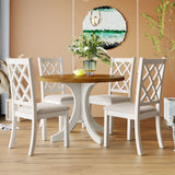 Solid Wood 5-Piece Round Dining Table Set with Upholstered Chairs - Walnut Top +Beige Chair