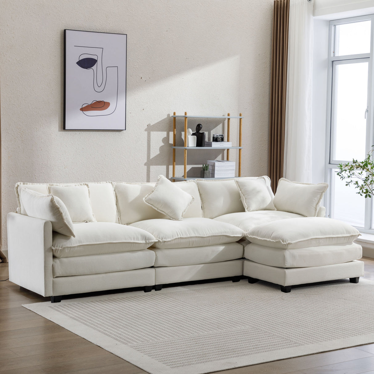 112.2" Chenille Upholstered Sofa with Ottoman and 5 Pillows - Off White