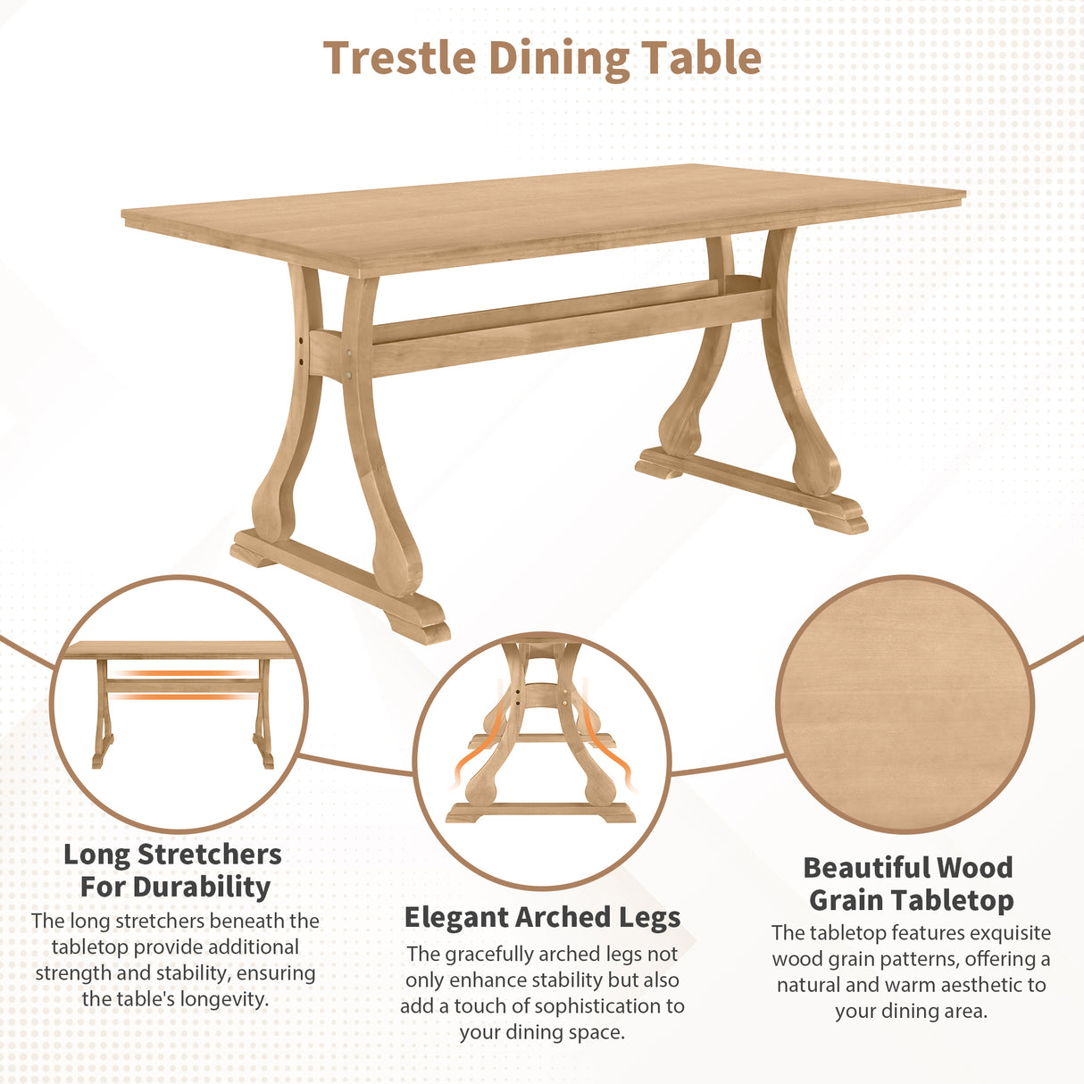 7-Piece Trestle Dining Room Set with Upholstered Dining Chairs - Natural Wood