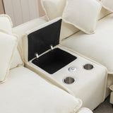 112.6" Chenille Upholstered Sofa with Two Ottomans, Two USB Ports, Two Cup Holders and Large Storage Box - Beige