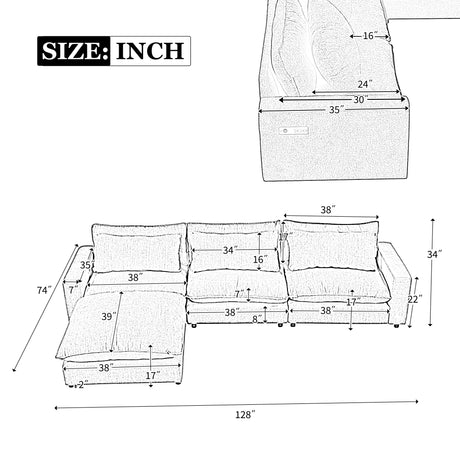 128" Chenille Cloud Sofa with Ottoman, Charging Ports and Three Back Pillows, Beige