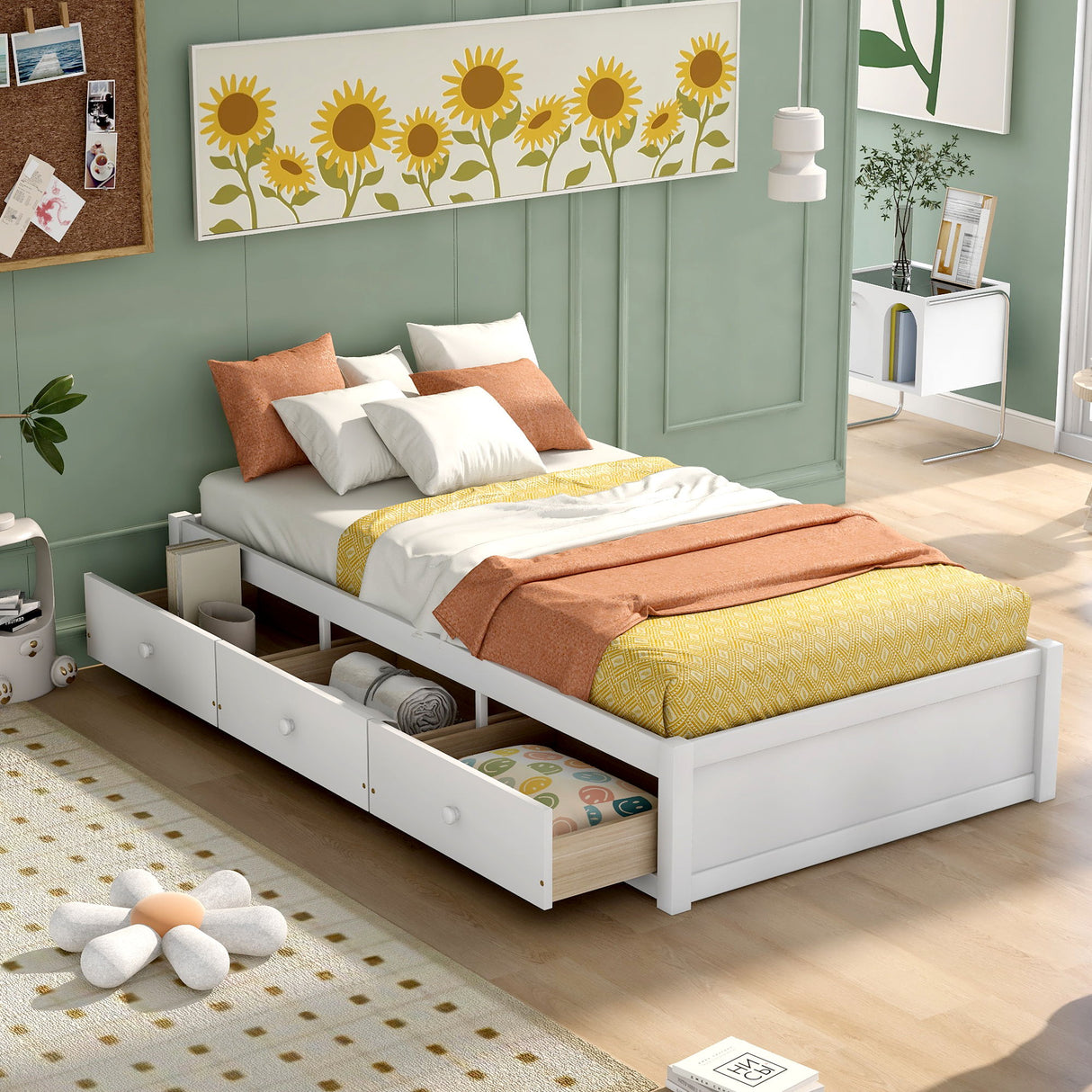 Twin Size Platform Storage Bed With 3 Drawers - White