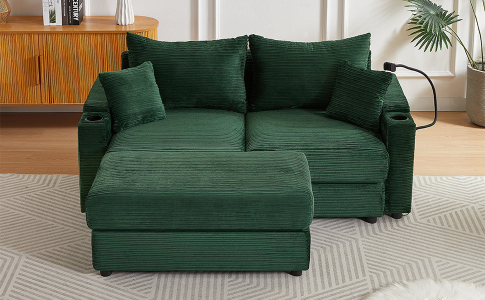 72.8" Modern Style Loveseat with Storage Space, Movable Ottoman, Two USB Ports, Two Cup Holders and Phone Holder - Green