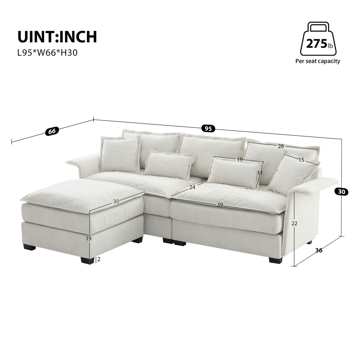 Oversized Luxury Sectional Sofa With Bentwood Armrests, 4 Seat Upholstered Indoor Furniture With Double Cushions, L Shape Couch With Ottoman For Living Room