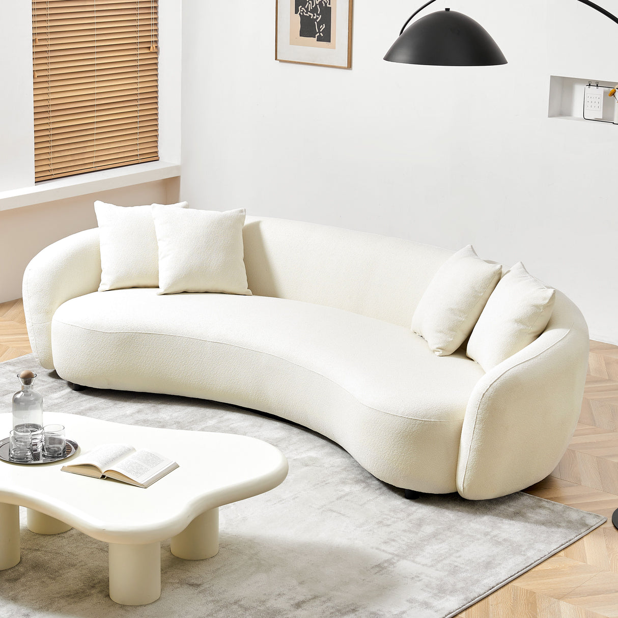 101" Modern Curved Mid-Century Sofa With 4 Throw Pillows - White