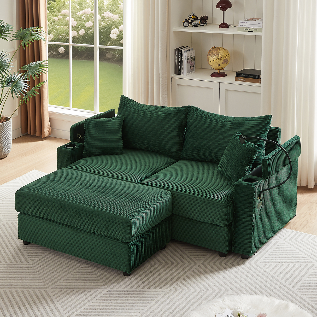 72.8" Modern Style Loveseat with Storage Space, Movable Ottoman, Two USB Ports, Two Cup Holders and Phone Holder - Green