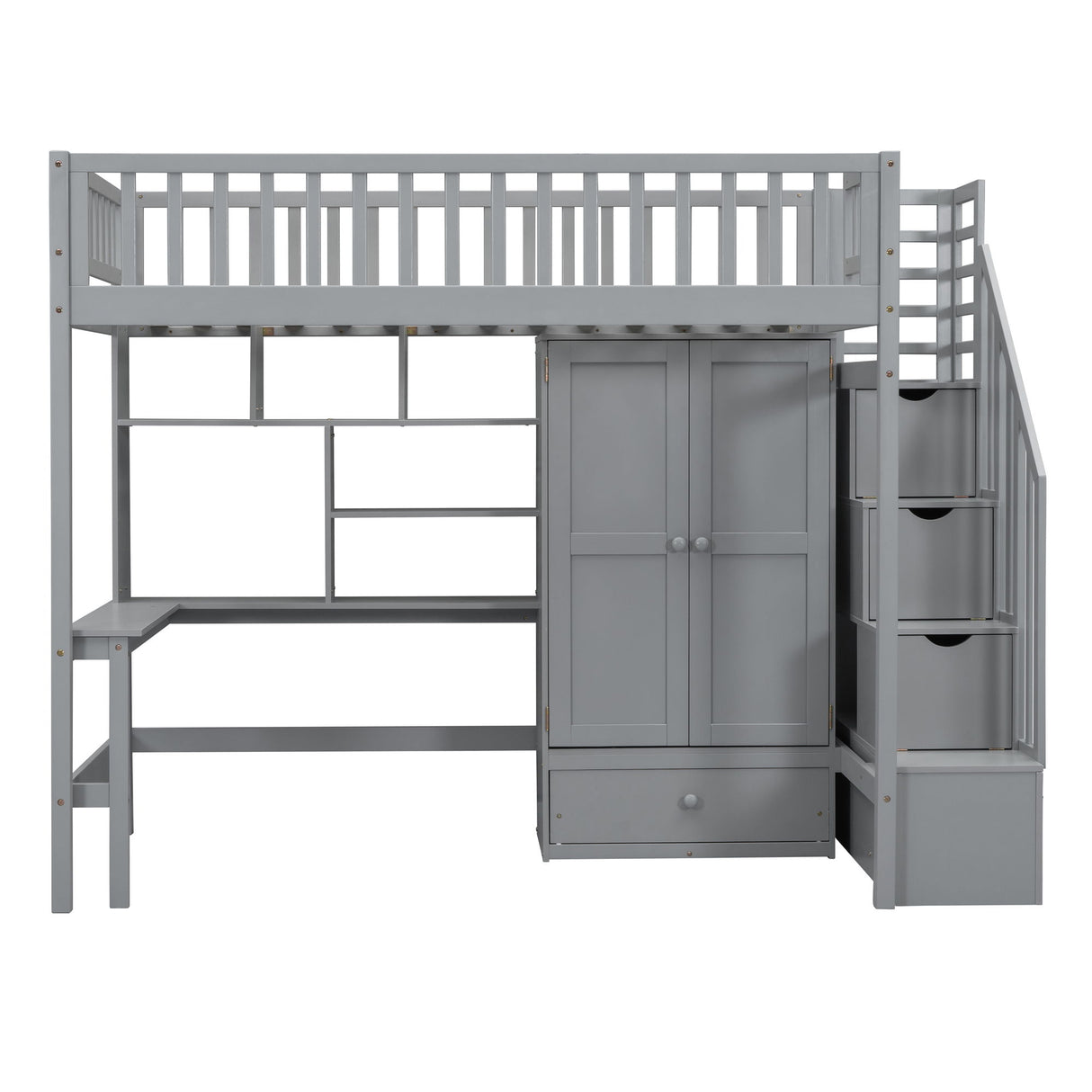 Twin Size Loft Bed With Bookshelf, Drawers, Desk, And Wardrobe - Gray