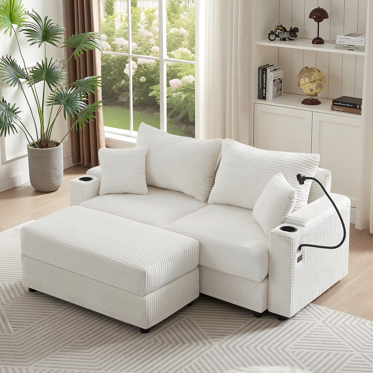 72.8" Modern Style Loveseat with Storage Space, Movable Ottoman, Two USB Ports, Two Cup Holders and Phone Holder - Beige