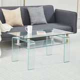 Rectangle Clear Glass Coffee Table, Modern Glass Coffee Table For Living Room, 2 Tier Storage Center Coffee Table, Tempered Glass Tea Table - Transparent