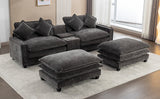 112.6" Chenille Upholstered Sofa with Two Ottomans, Two USB Ports, Two Cup Holders and Large Storage Box -Dark Gray