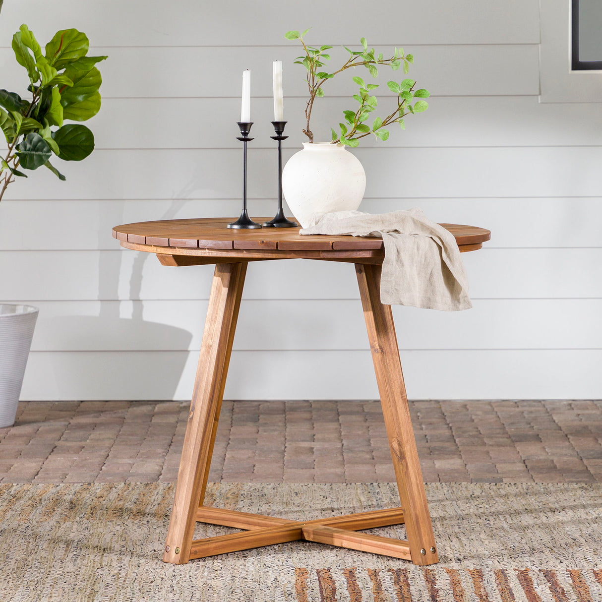 Contemporary Solid Wood Slat Top Round Patio Dining Table - Black Wash