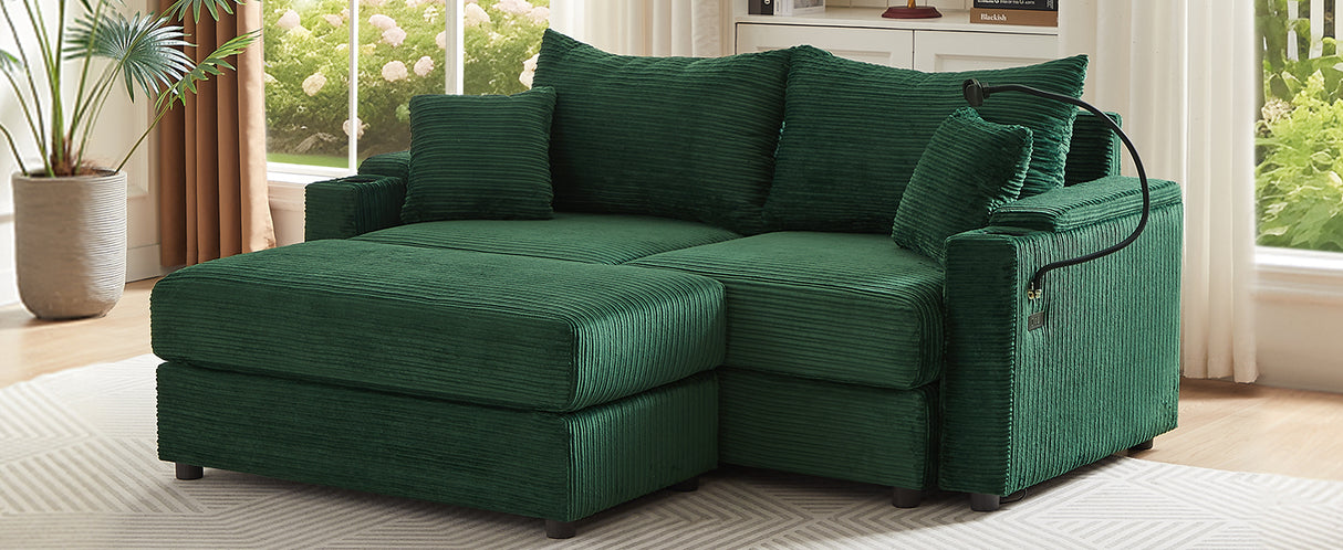 72.8" Modern Style Loveseat with Storage Space, Movable Ottoman, Two USB Ports, Two Cup Holders and Phone Holder - Green