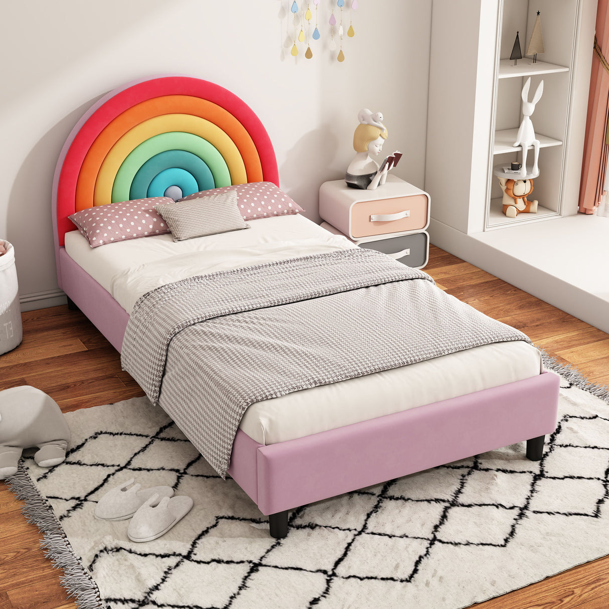 Rainbow Design Upholstered Twin Platform Bed - Colorful / Pink